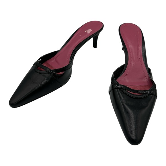 Ann Taylor Black Leather Pointed Toe Kitten Heel Mules Women's Size 7 M - Picture 2 of 14